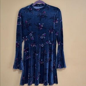 As U Wish Navy Blue Fit and Flare Long Sleeve Bell Sleeve Mock Neck Dress